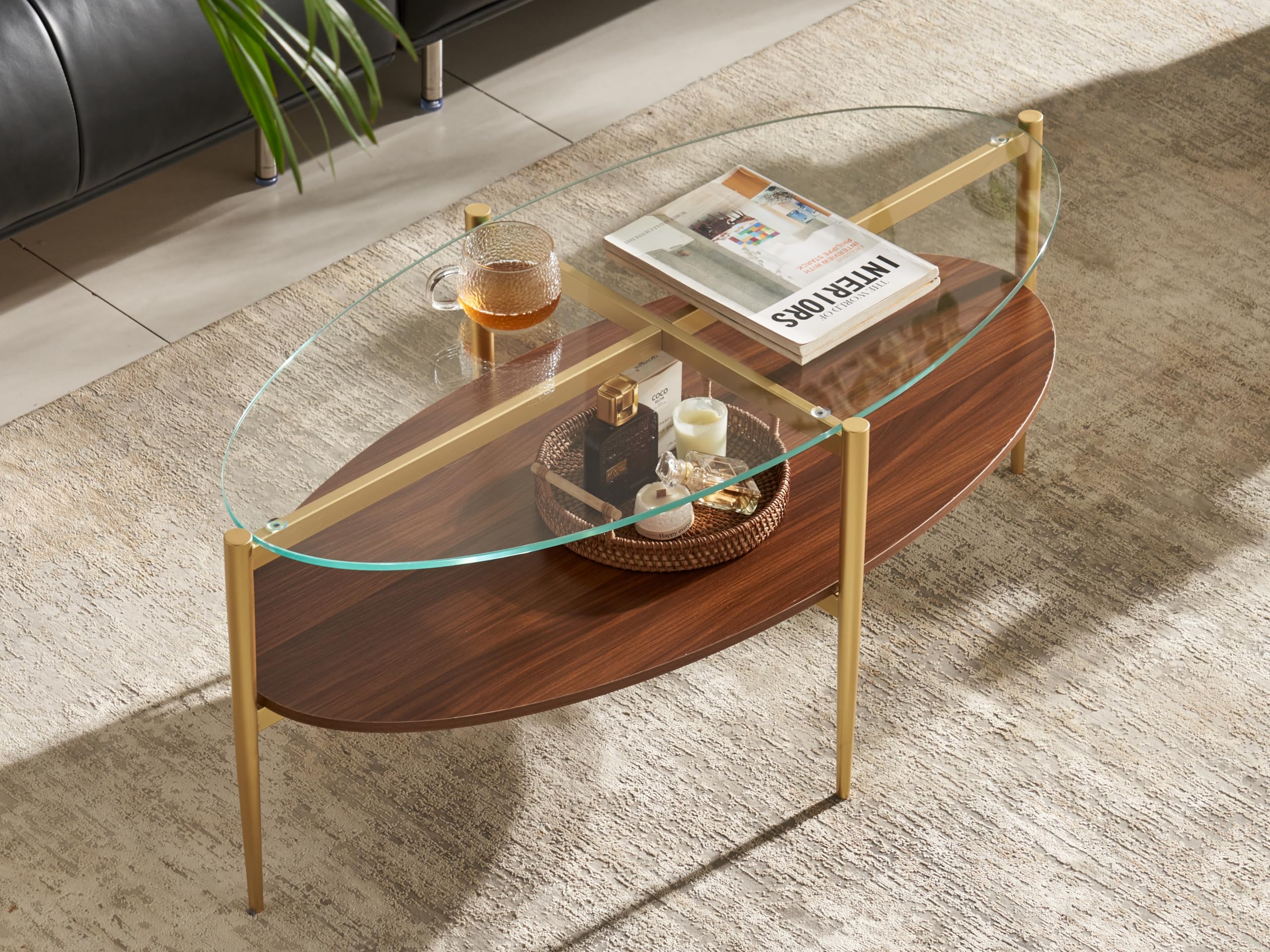 Shrine Oval Coffee Table, Mid-Century Modern Coffee Table, Brown Walnut Wood Table for Living Room, D47''x W23.6''x H15'', Sleek Conical Metal Legs with Black Finish