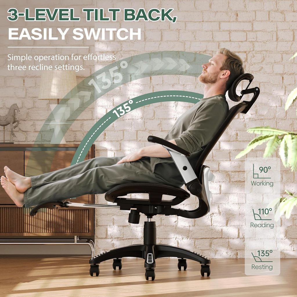 GABRYLLY Ergonomic Office Chair with Footrest, High Back Home Desk Chair - 3D Headrest, Flip-Up Arms, 135° Tilt and Wide Cushion, Heavy Duty Mesh Chairs for Task Computer Gaming, GYB01-FT