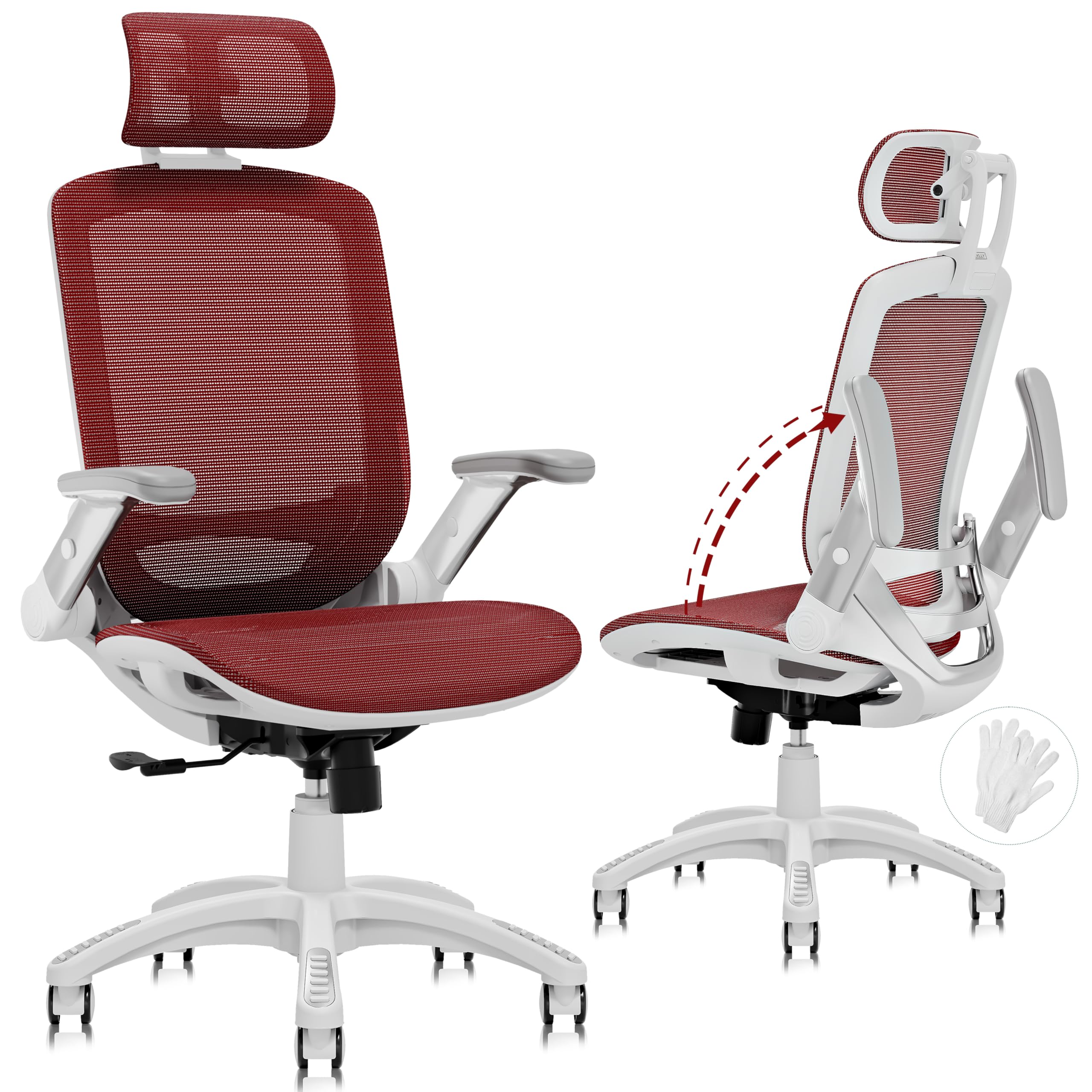 GABRYLLY Ergonomic Office Chair, High Back Home Desk Chair with Flip-Up Arms, Headrest, 90-120° Tilt and Wide Cushion, 300LBS White Mesh Chair for Work Gaming Study (GY01-NT, Woodgrain Pattern)