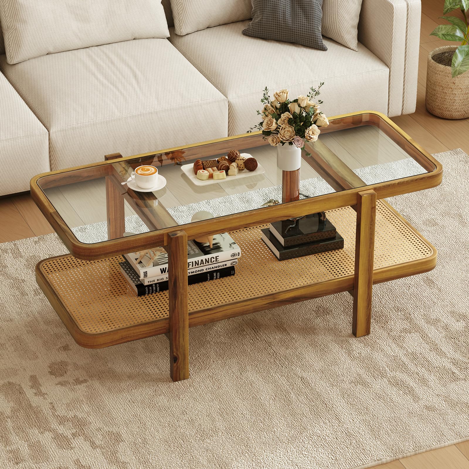 Giantex Rattan Coffee Table, 2-Tier Oval Acacia Wood Tea Table w/Tempered Glass Tabletop & PE Rattan Storage Shelf, Boho Cocktail Tables, Mid Century Modern Center Table for Living Room Office, Brown
